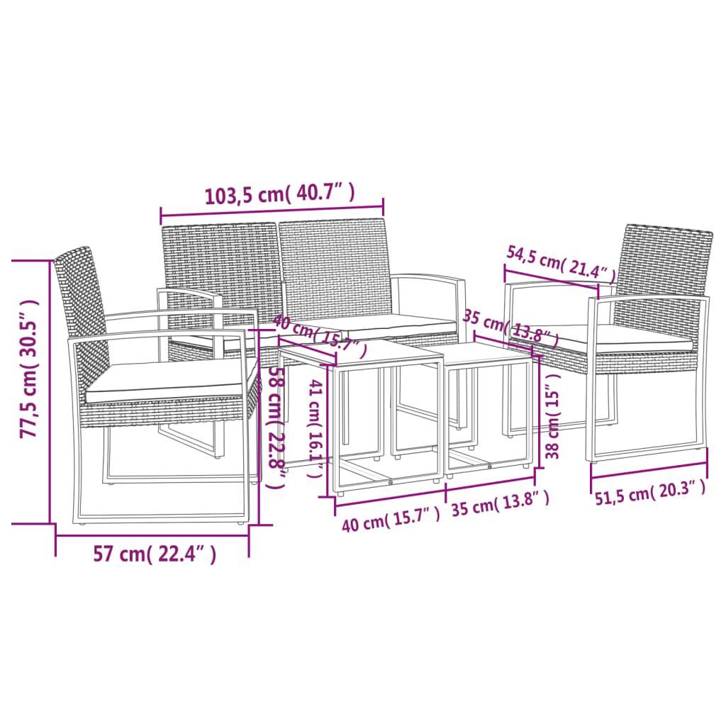 Set da Pranzo da Giardino 5 pz Nero con Cuscini in Rattan PP - homemem39