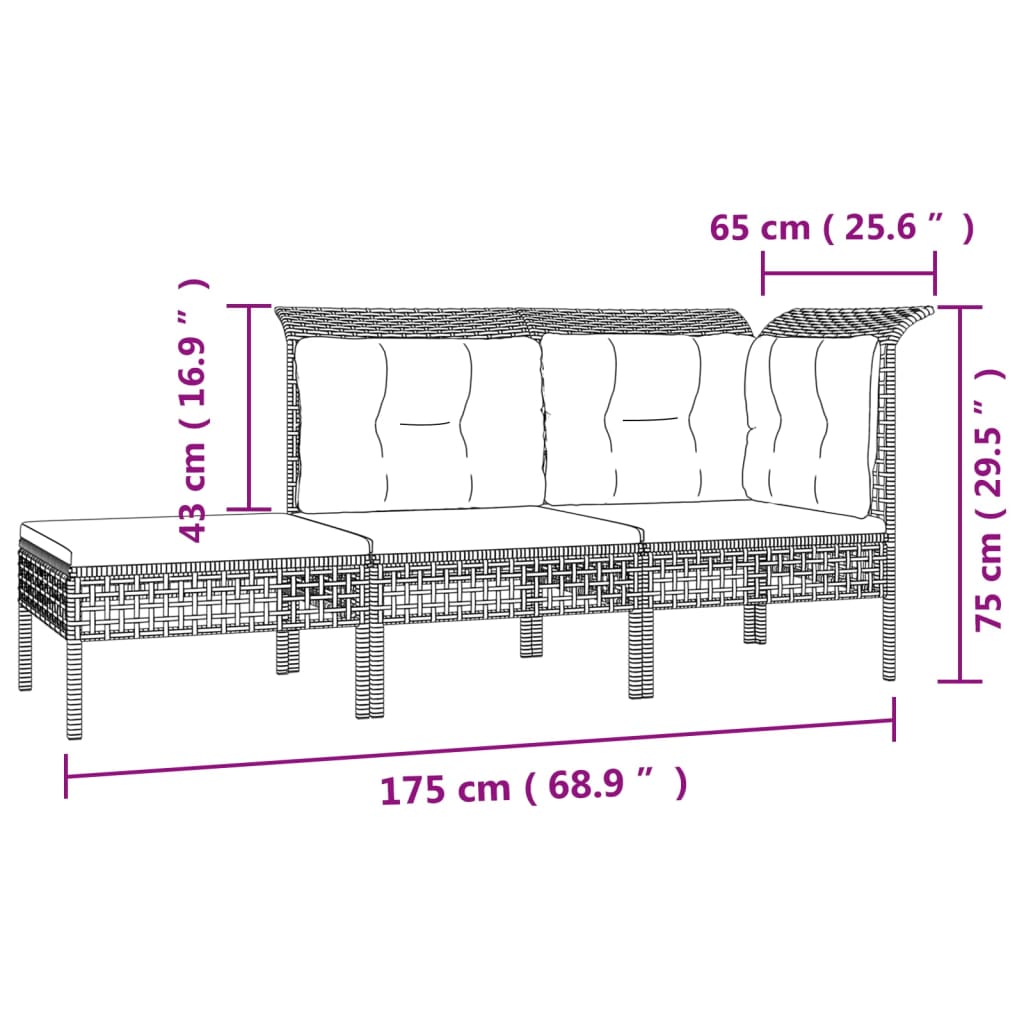 Set Divani da Giardino 3 pz con Cuscini in Polyrattan Grigio - homemem39