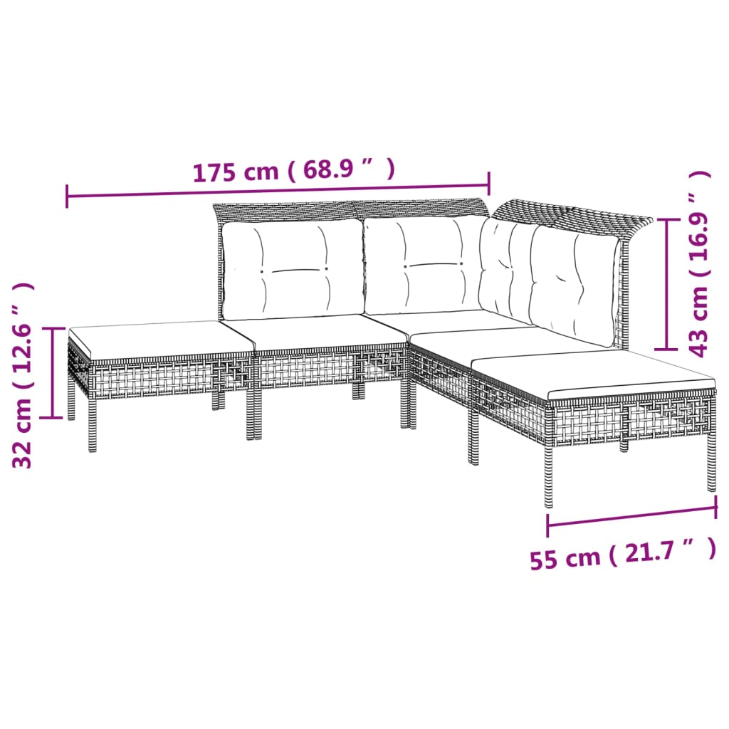 Set Divani da Giardino 5 pz con Cuscini in Polyrattan Grigio - homemem39