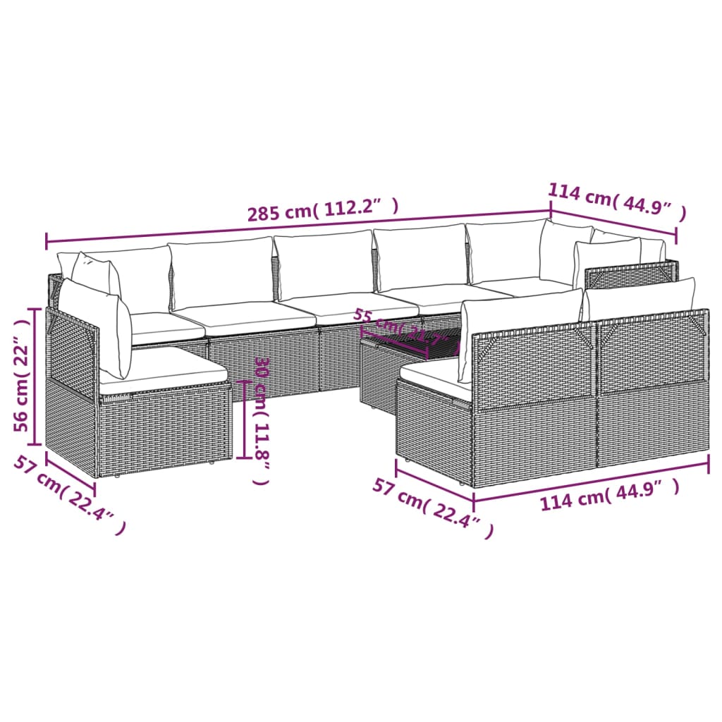 Set Divani da Giardino 10 pz con Cuscini in Polyrattan Grigio - homemem39