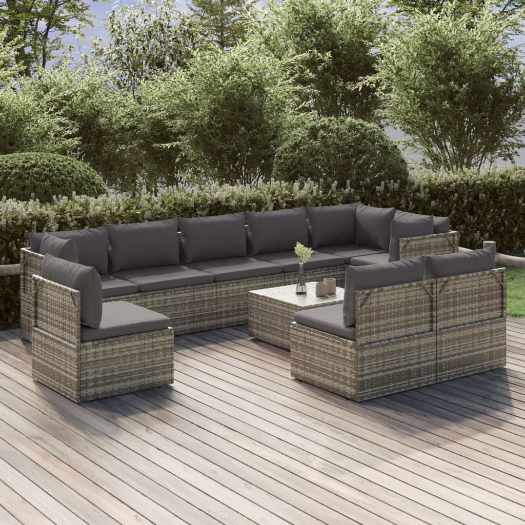 Set Divani da Giardino 10 pz con Cuscini in Polyrattan Grigio - homemem39