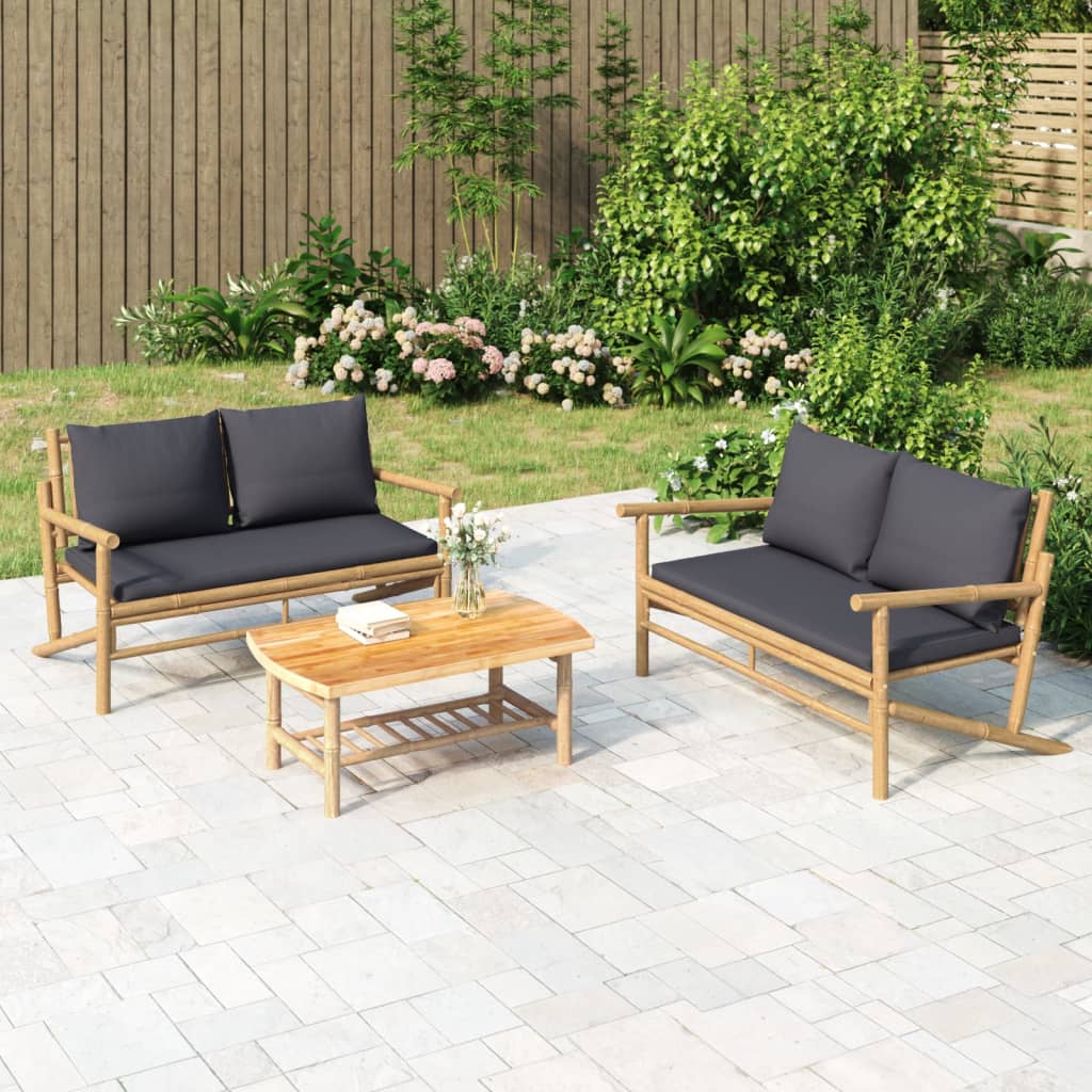 Set Salotto da Giardino 3pz con Cuscini Grigio Scuro Bambù - homemem39