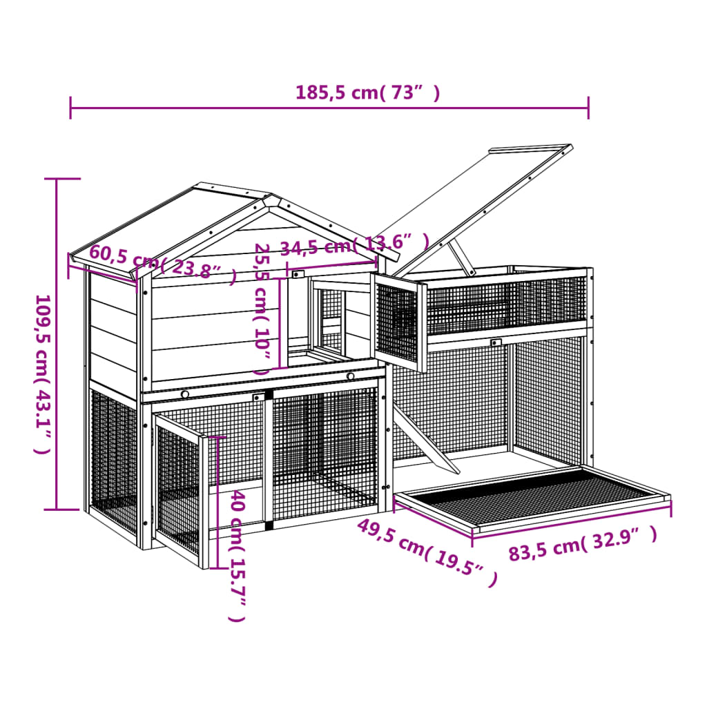 Conigliera Marrone 185,5x60,5x109,5cm in Legno Massello di Pino - homemem39