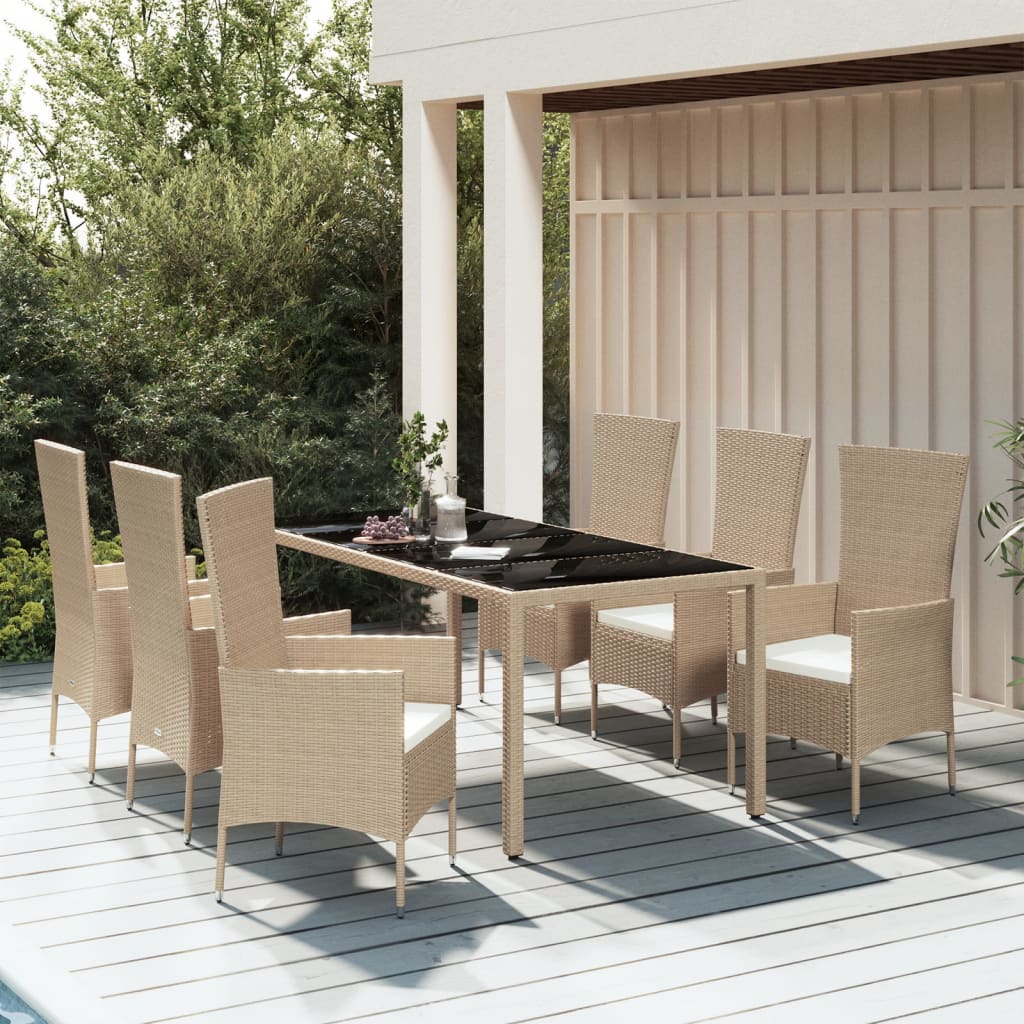 Set da Pranzo da Giardino 7 pz con Cuscini Beige in Polyrattan - homemem39