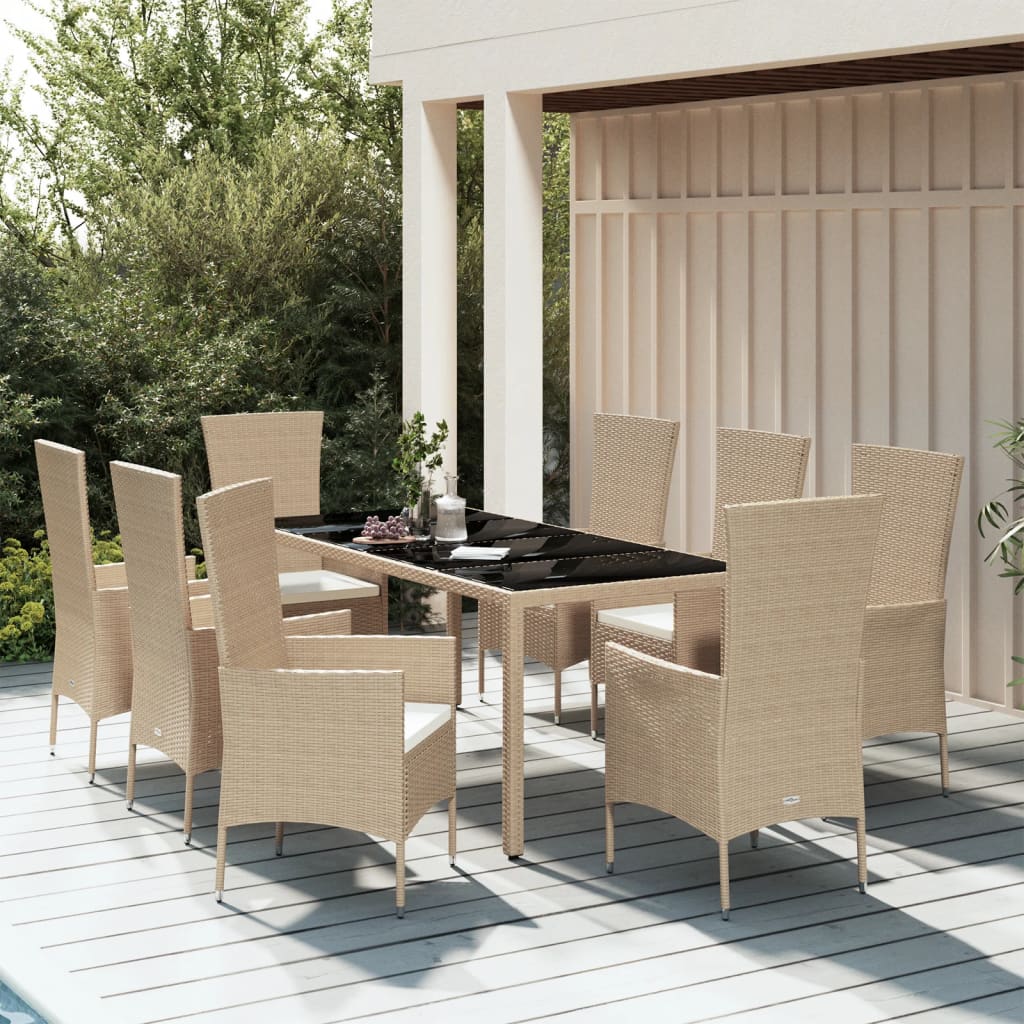 Set da Pranzo da Giardino 9 pz con Cuscini Beige in Polyrattan - homemem39