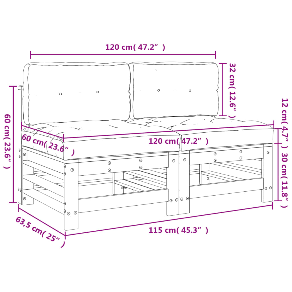 Divani Centrali con Cuscini 2 pz in Legno Massello di Douglas - homemem39