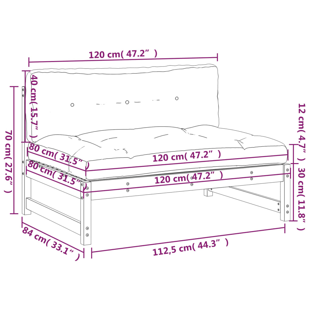 Divano Centrale 120x80 cm in Legno Massello di Pino Nero - homemem39