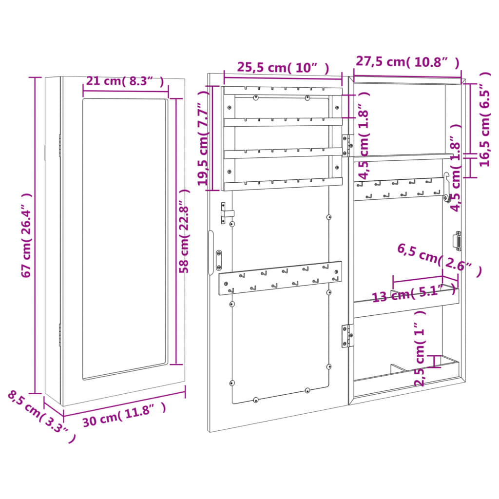 Armadio Portagioie con Specchio a Muro Bianco 30x8,5x67 cm - homemem39