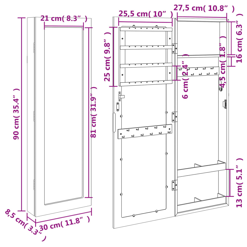 Armadio Portagioie con Specchio a Muro Bianco 30x8,5x90 cm - homemem39