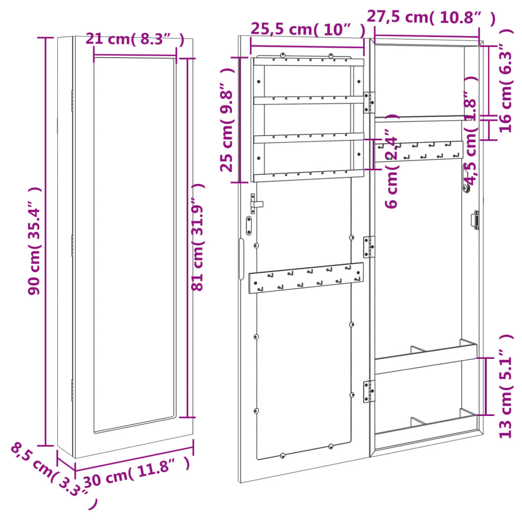 Armadio Portagioie con Specchio a Muro Nero 30x8,5x90 cm - homemem39