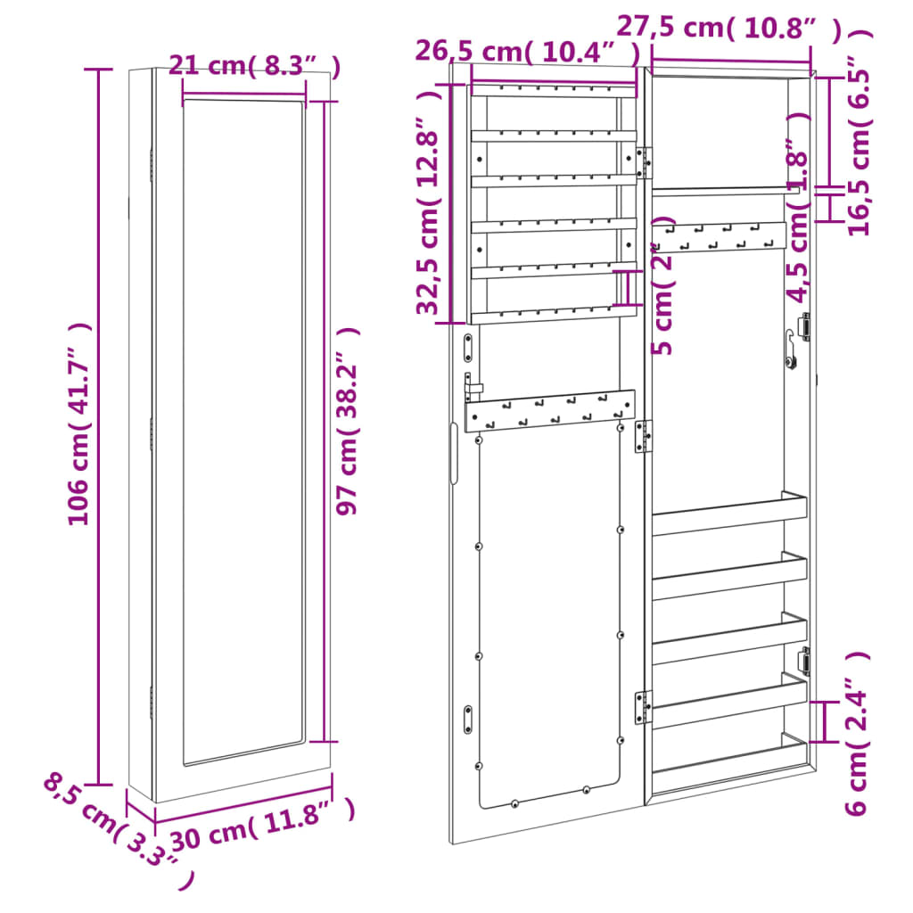 Armadio Portagioie con Specchio a Muro Bianco 30x8,5x106 cm - homemem39