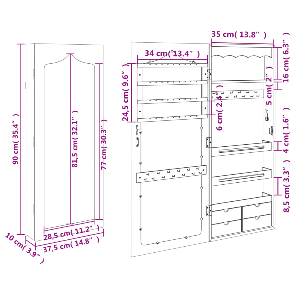 Armadio Portagioie con Specchio a Muro Bianco 37,5x10x90 cm - homemem39