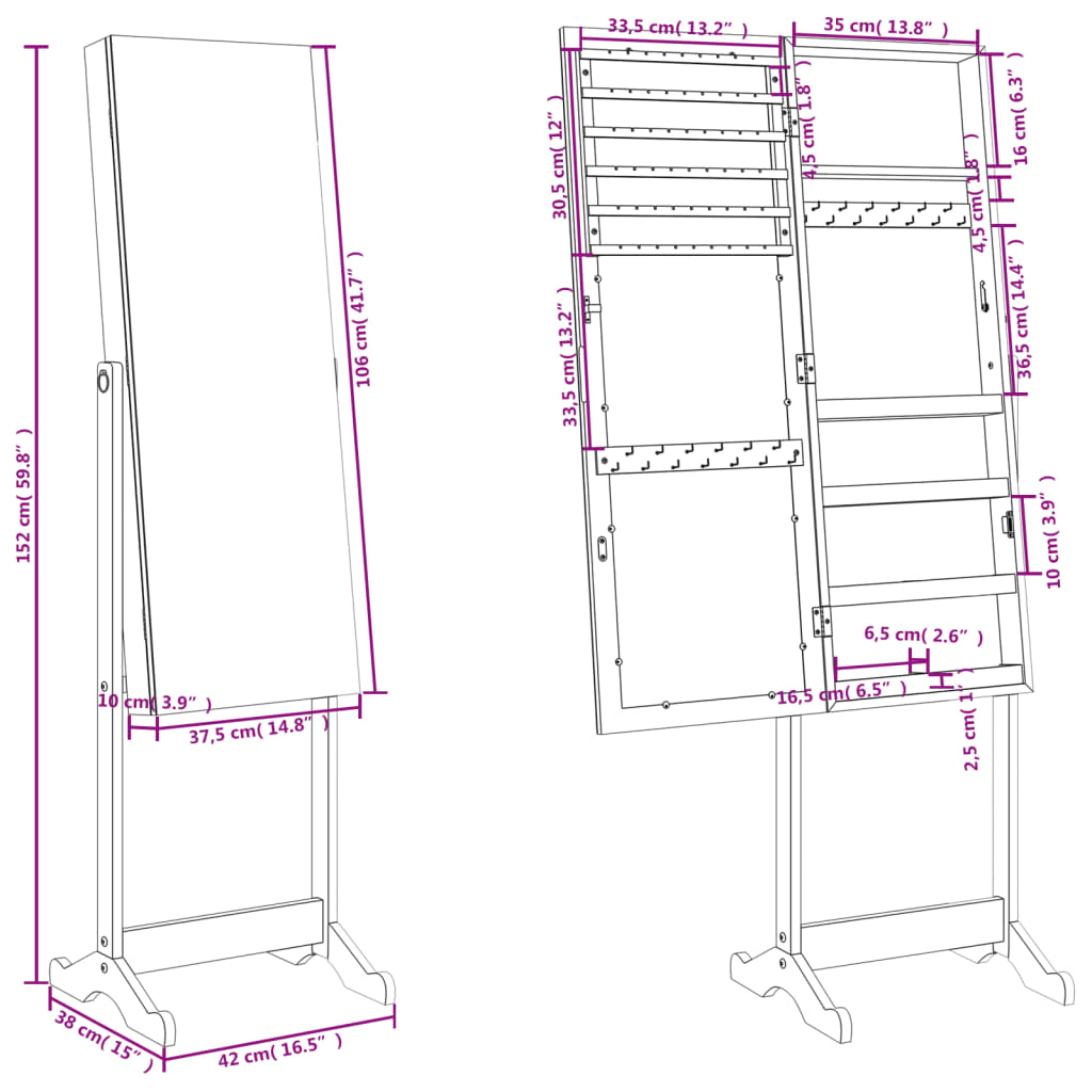 Armadio Portagioie Specchio Autoportante Nero 42x38x152 cm - homemem39