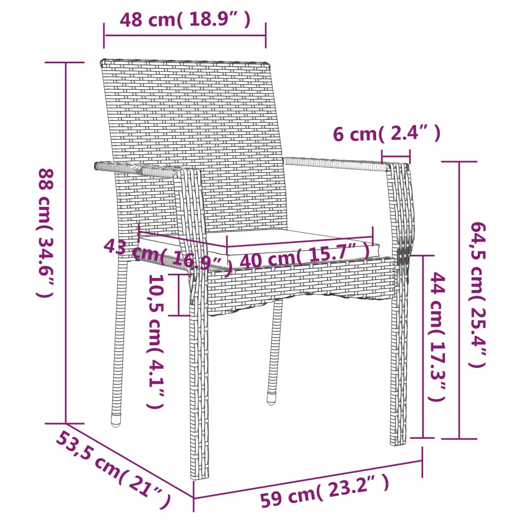 Set da Pranzo da Giardino 3 pz con Cuscini Nero in Polyrattan - homemem39