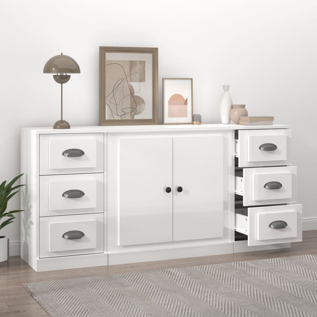 Credenze 3 pz Bianco Lucido in Legno Multistrato - homemem39