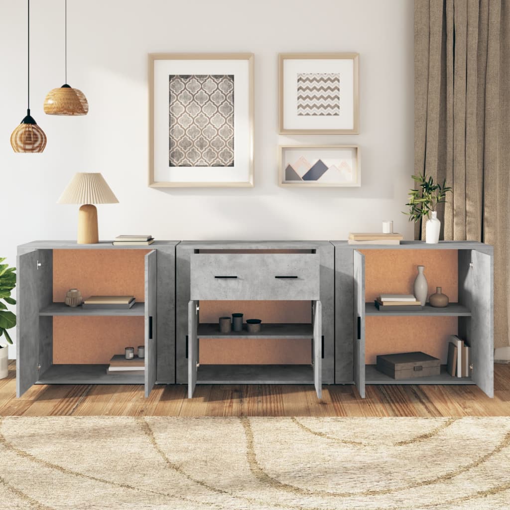 Credenze 3 pz Grigio Cemento in Legno Multistrato - homemem39