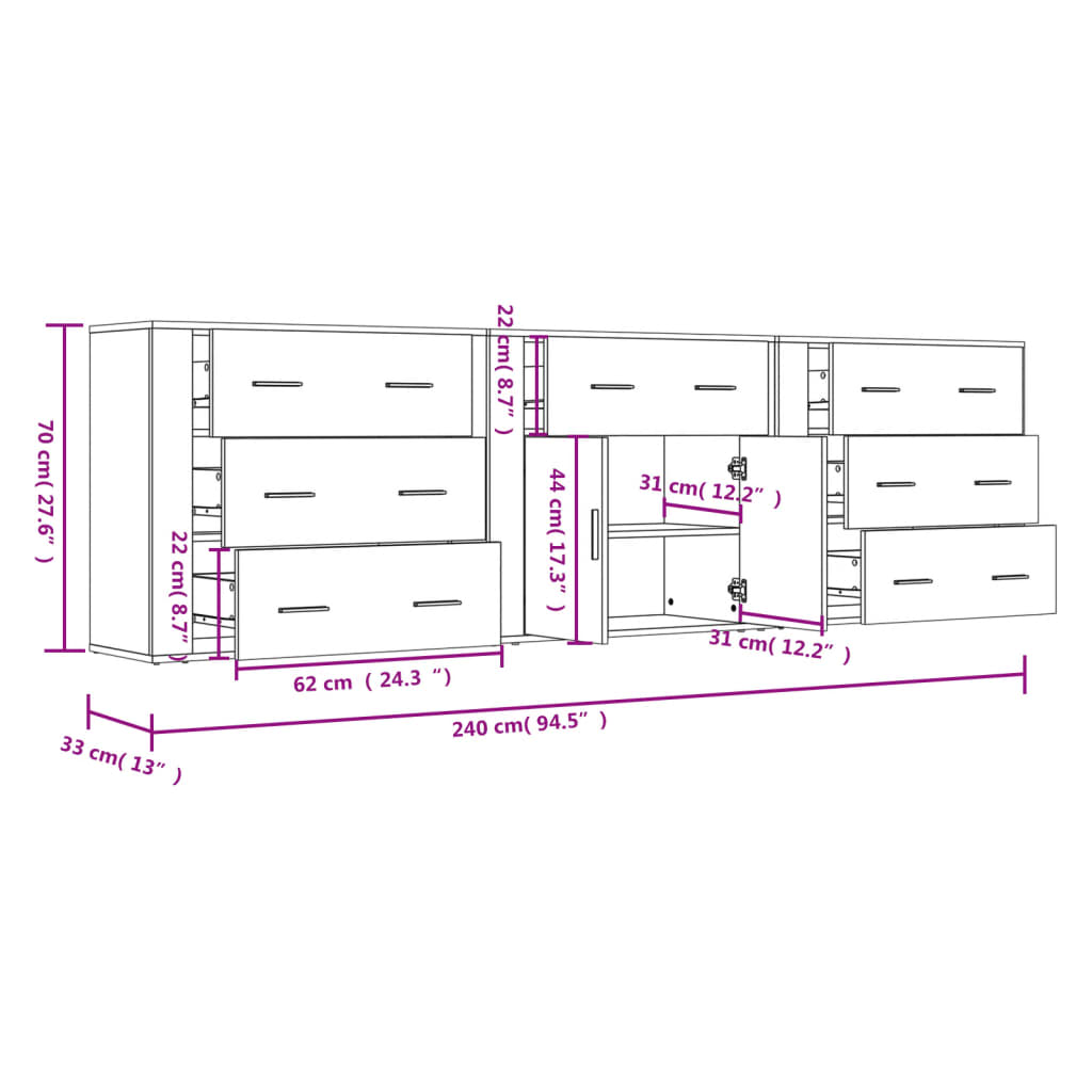 Credenze 3 pz Rovere Fumo in Legno Multistrato - homemem39