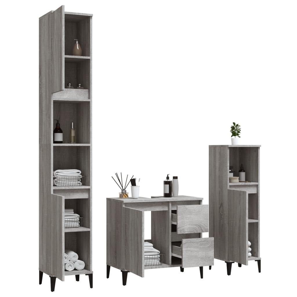 Set Mobili da Bagno 3 pz Grigio Sonoma in Legno Multistrato - homemem39