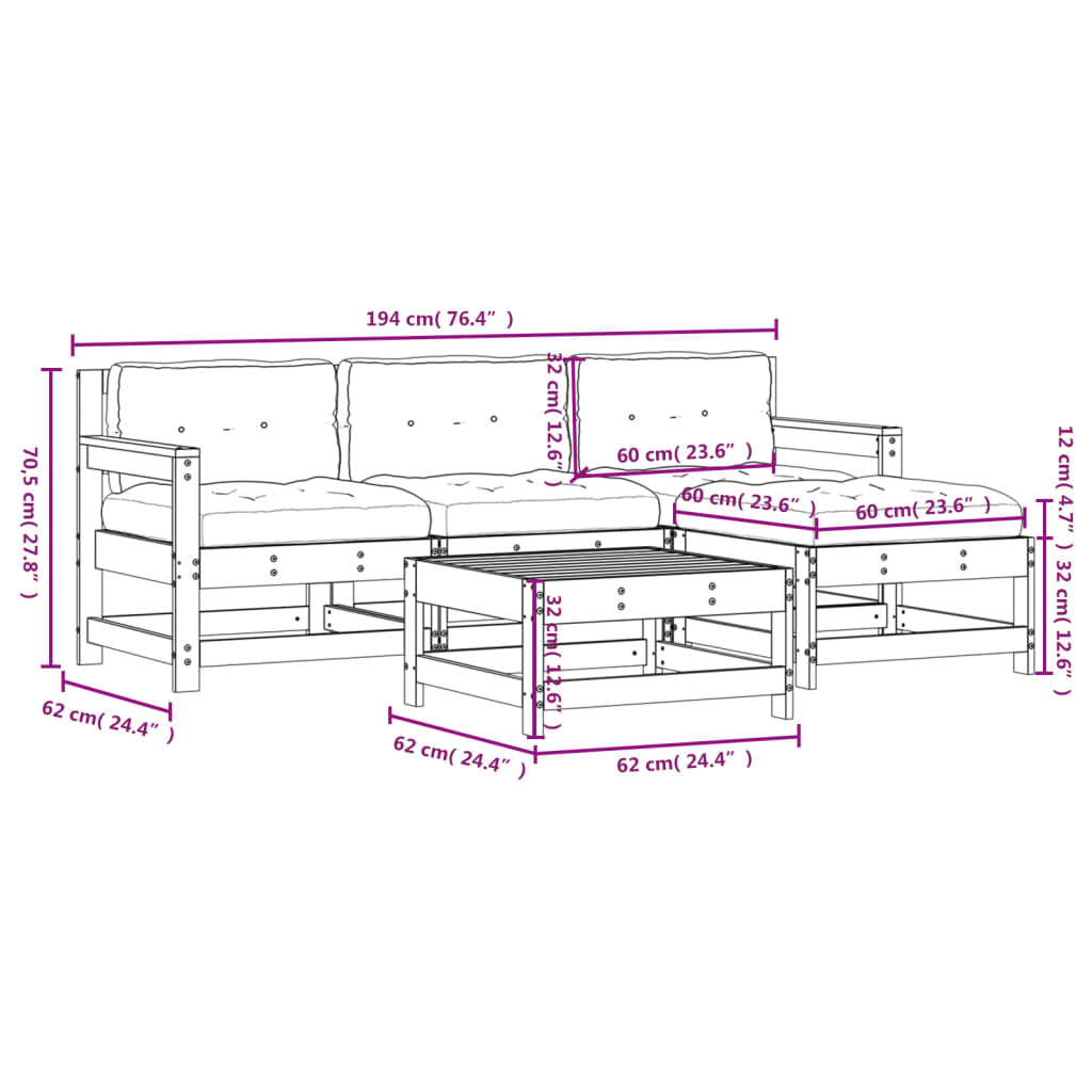 Set Divani da Giardino 5pz con Cuscini in Legno Massello Grigio - homemem39