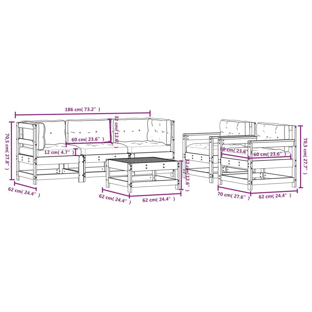 Set Divani da Giardino 6pz con Cuscini in Legno Massello Bianco - homemem39