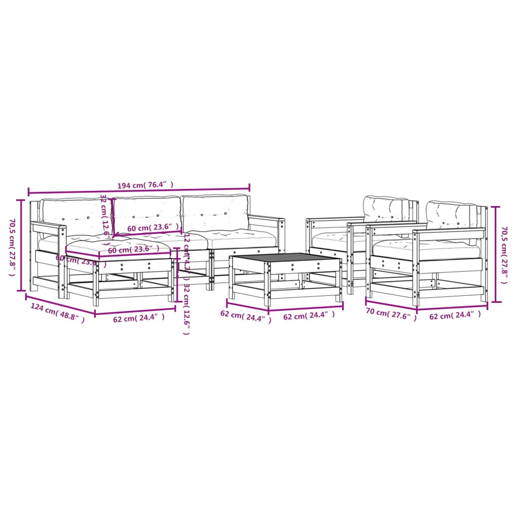 Set Divani da Giardino 7 pz con Cuscini in Legno Massello - homemem39