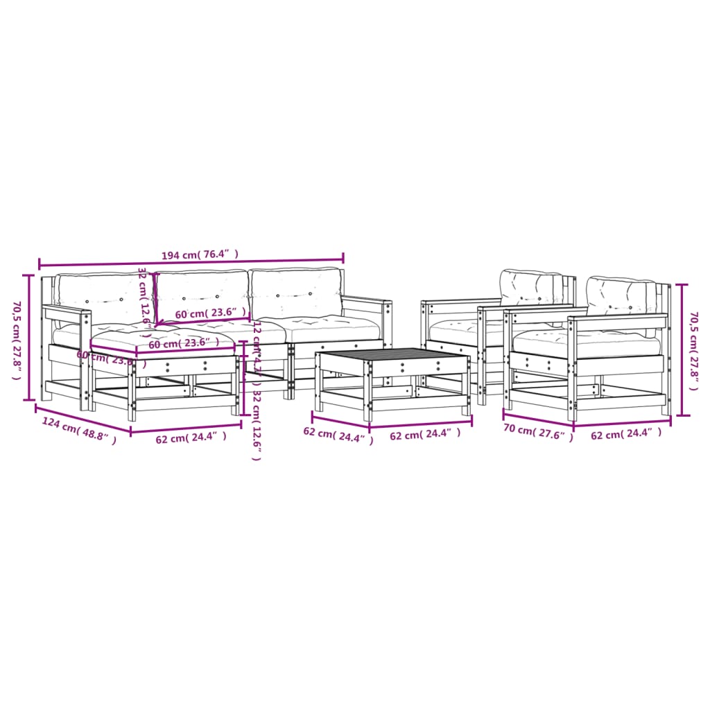 Set Divani da Giardino 7 pz con Cuscini in Legno Massello Nero - homemem39