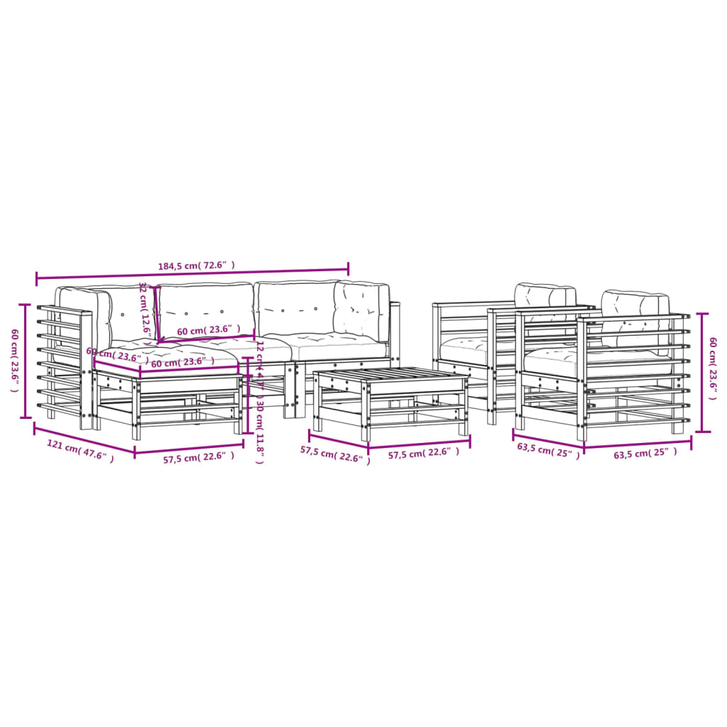 Set Divani da Giardino 7pz con Cuscini in Legno Massello Grigio - homemem39