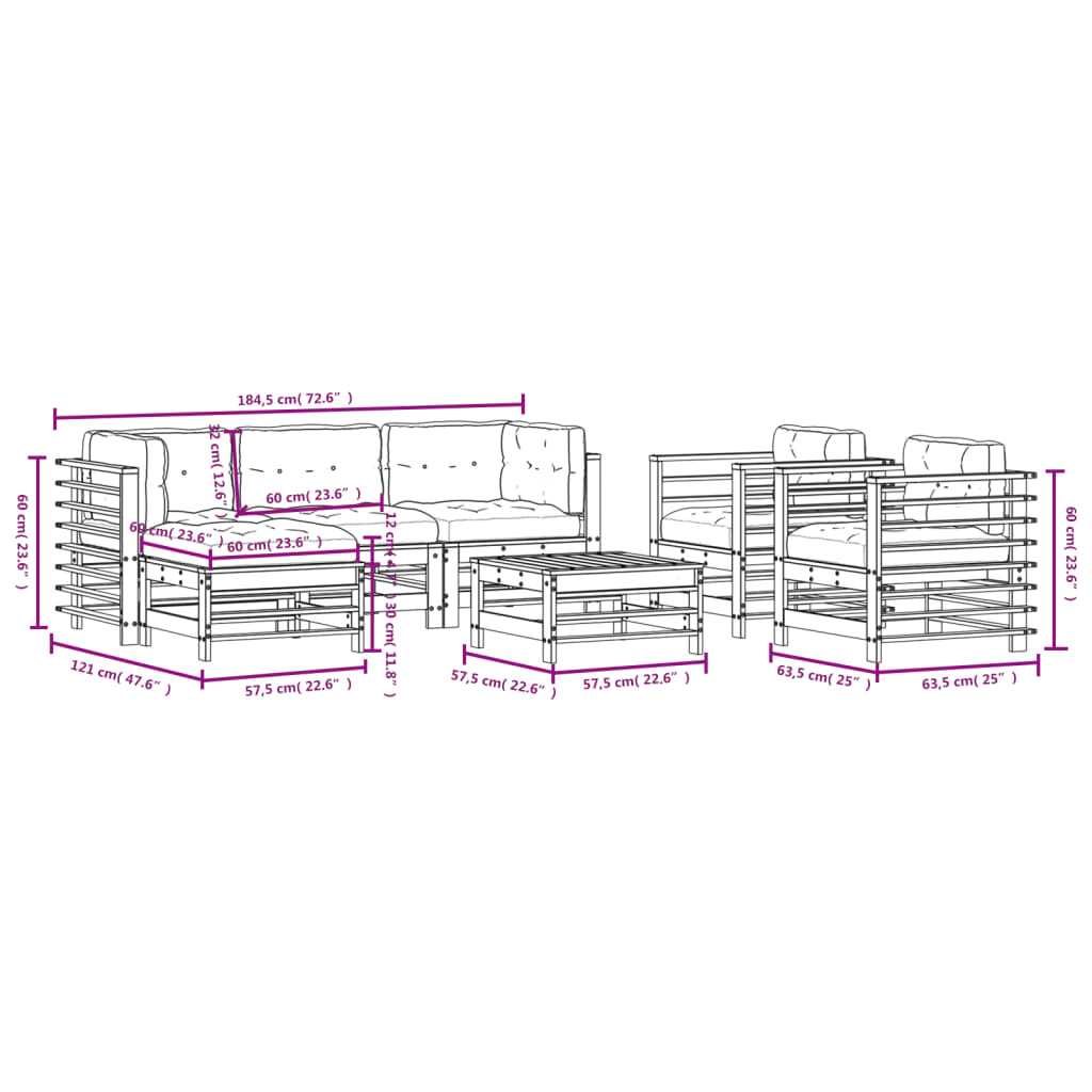 Set Divani da Giardino 7 pz con Cuscini in Legno Massello Miele - homemem39