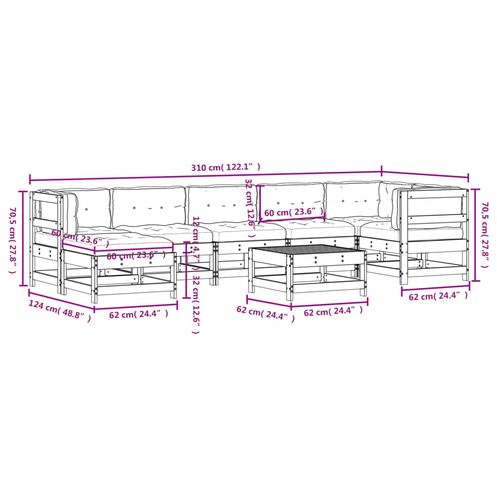 Set Divani da Giardino 8pz con Cuscini in Legno Massello Bianco - homemem39