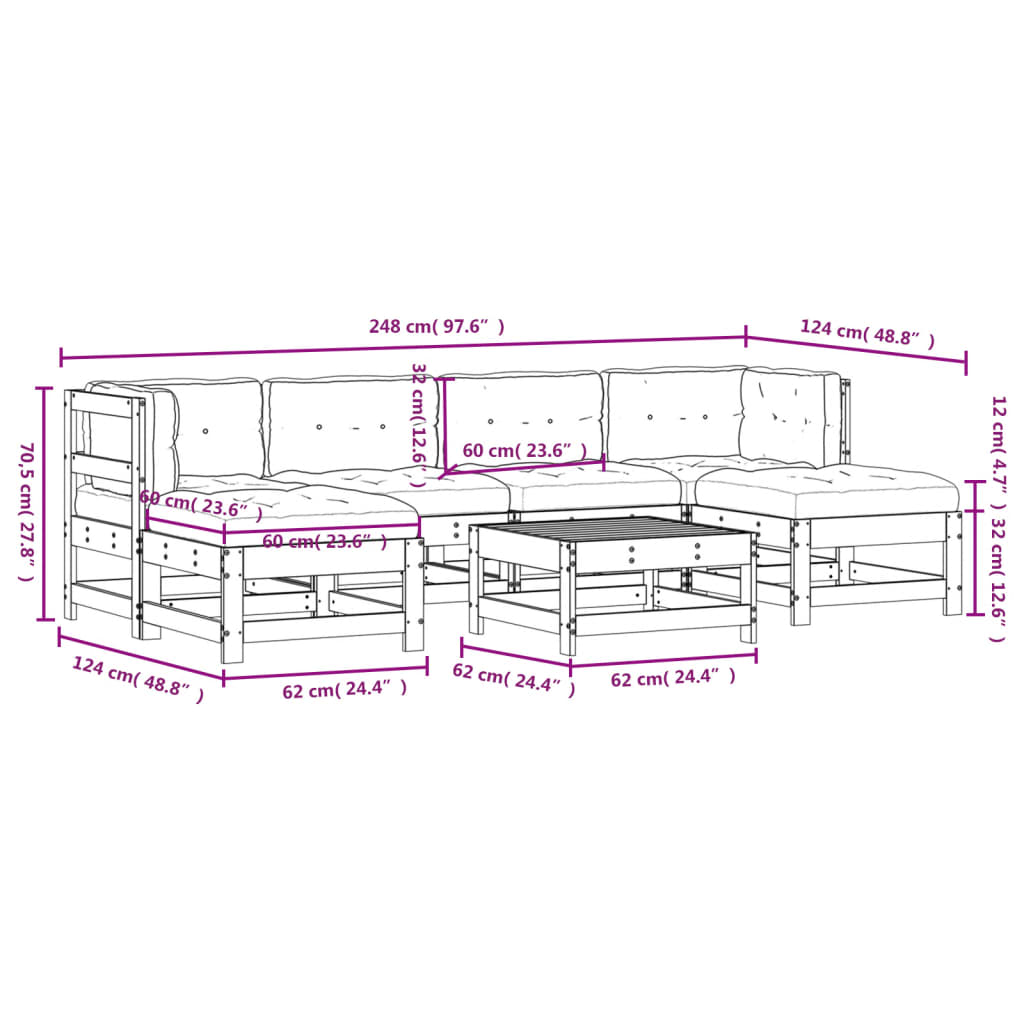 Set Divani da Giardino 7pz con Cuscini in Legno Massello Grigio - homemem39