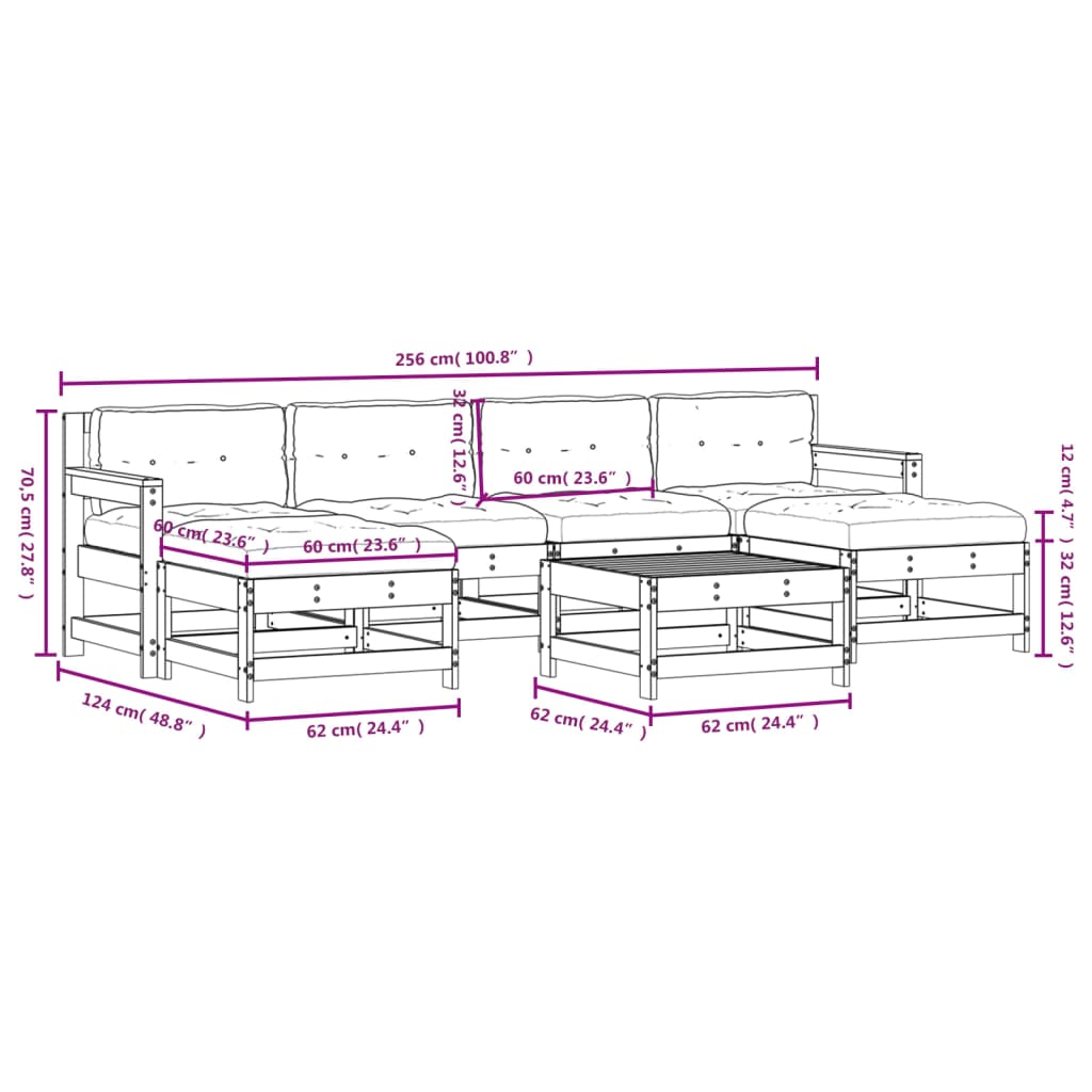 Set Divani da Giardino 7 pz con Cuscini in Legno Massello Nero - homemem39