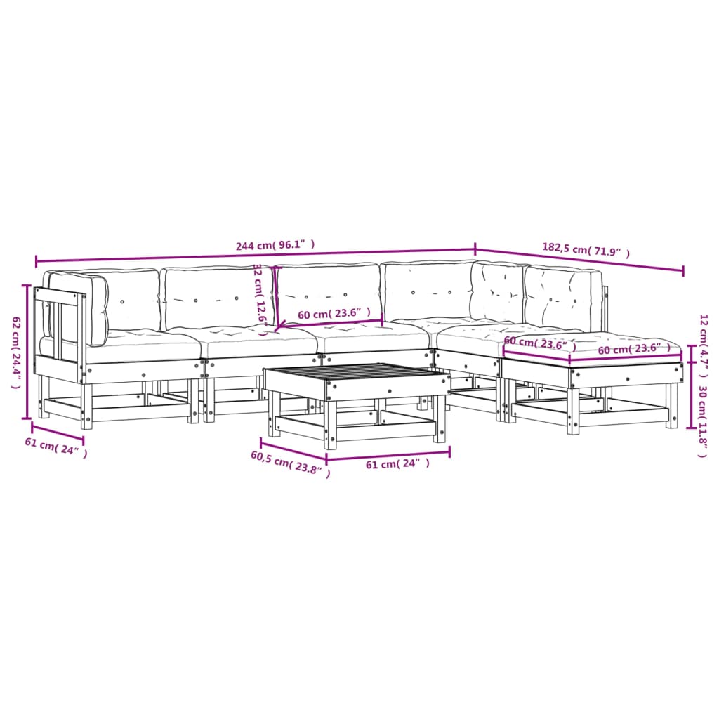 Set Divani da Giardino 7pz con Cuscini in Legno Massello Bianco - homemem39