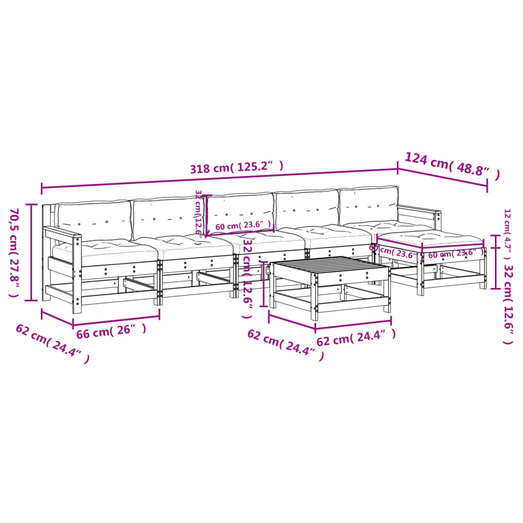 Set Divani da Giardino 7pz con Cuscini in Legno Massello Bianco - homemem39