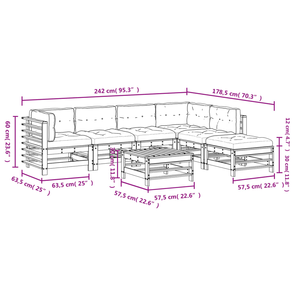 Set Divani da Giardino 7pz con Cuscini in Legno Massello Grigio - homemem39