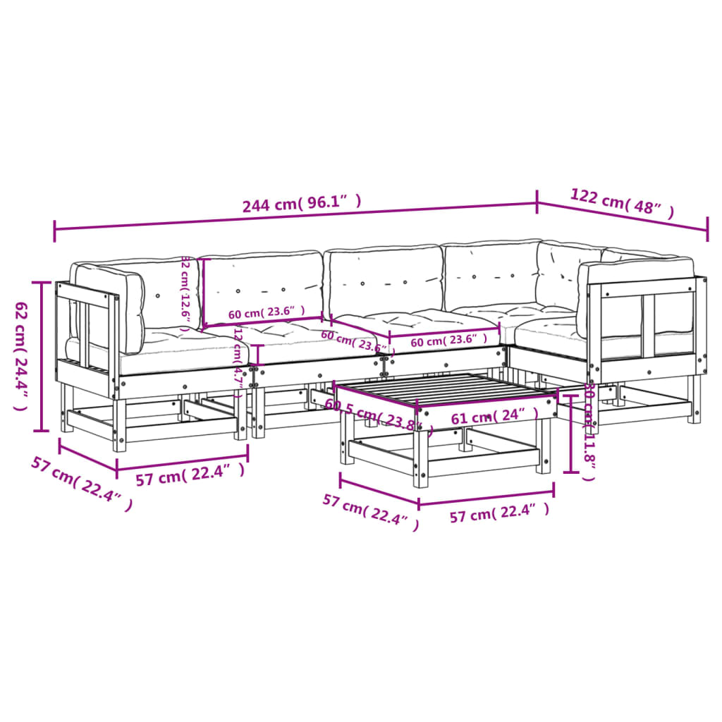 Set Divani da Giardino 6pz con Cuscini in Legno Massello Bianco - homemem39