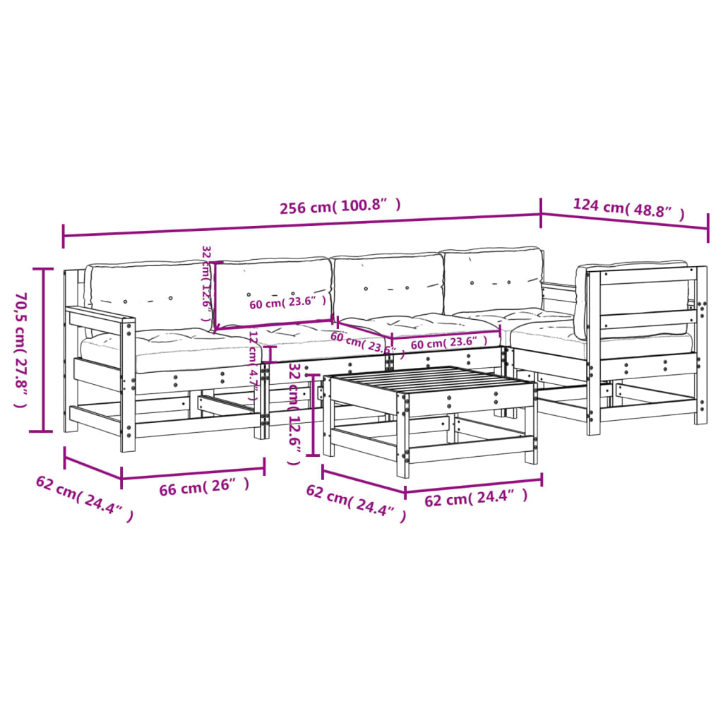 Set Divani da Giardino 6pz con Cuscini in Legno Massello Bianco - homemem39