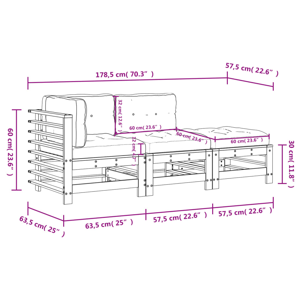 Set Divani da Giardino 3 pz con Cuscini in Legno Massello - homemem39