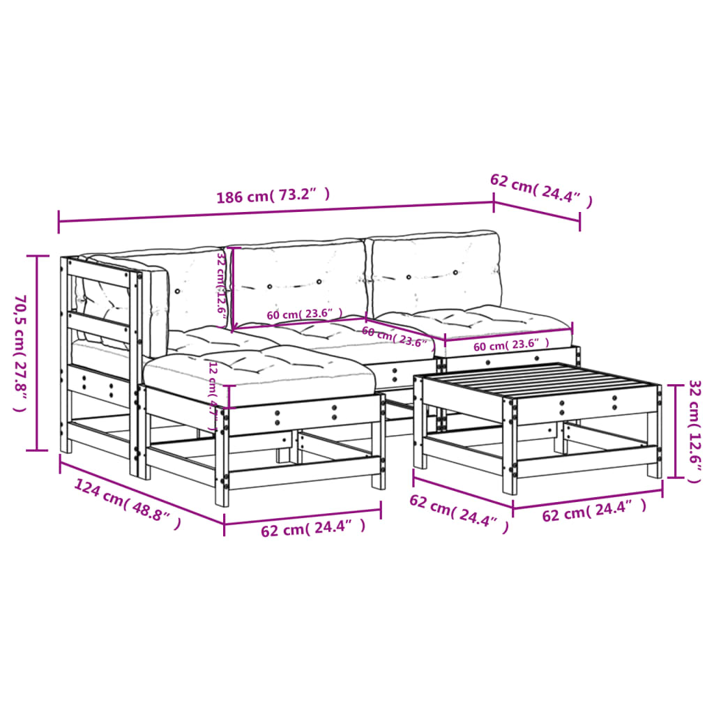 Set Divani da Giardino 5pz con Cuscini in Legno Massello Grigio - homemem39