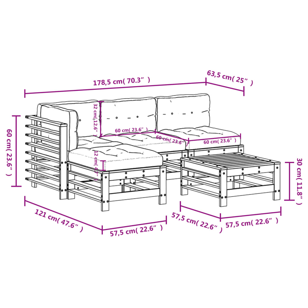 Set Divani da Giardino 5pz con Cuscini in Legno Massello Bianco - homemem39