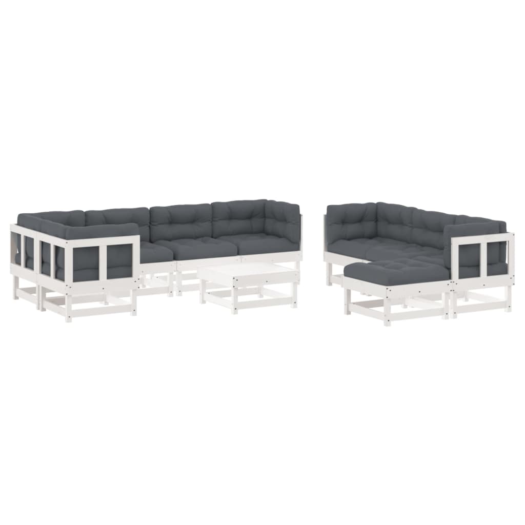 Set Divani da Giardino 10 pz con Cuscini Legno Massello Bianco - homemem39