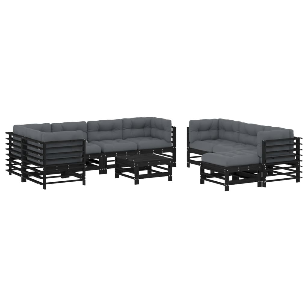 Set Divani da Giardino 10 pz con Cuscini Legno Massello Nero - homemem39