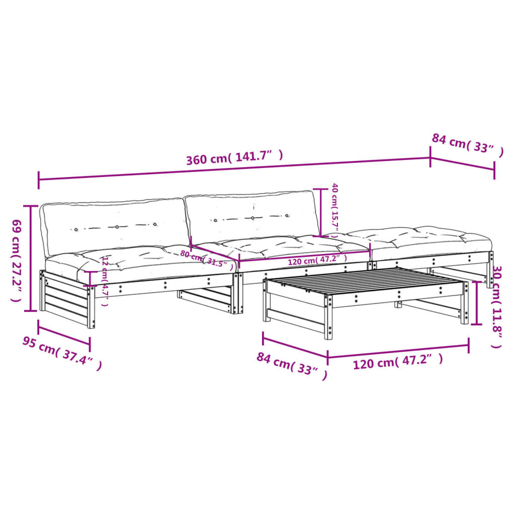 Set Divani da Giardino 4 pz con Cuscini in Legno Massello - homemem39