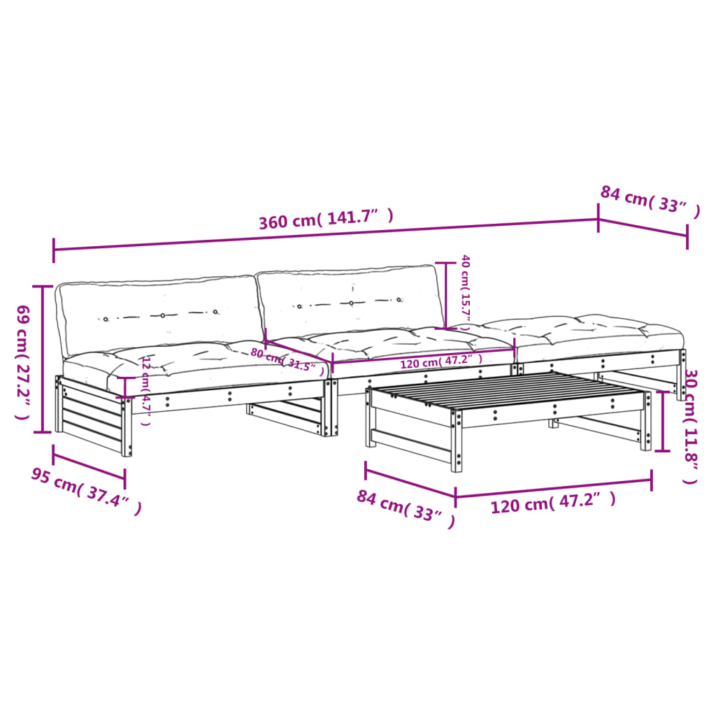 Set Divani da Giardino 4pz con Cuscini in Legno Massello Bianco - homemem39