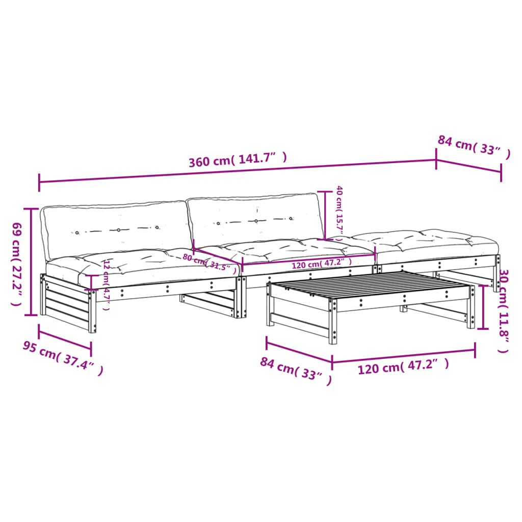 Set Divani da Giardino 4pz con Cuscini in Legno Massello Grigio - homemem39