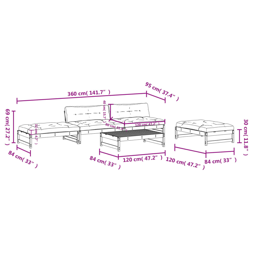 Set Divani da Giardino 5 pz con Cuscini in Legno Massello - homemem39