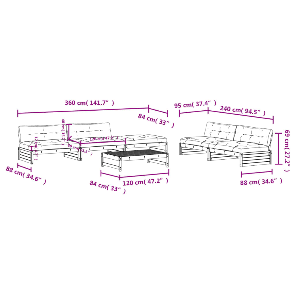 Set Divani da Giardino 6 pz con Cuscini in Legno Massello - homemem39