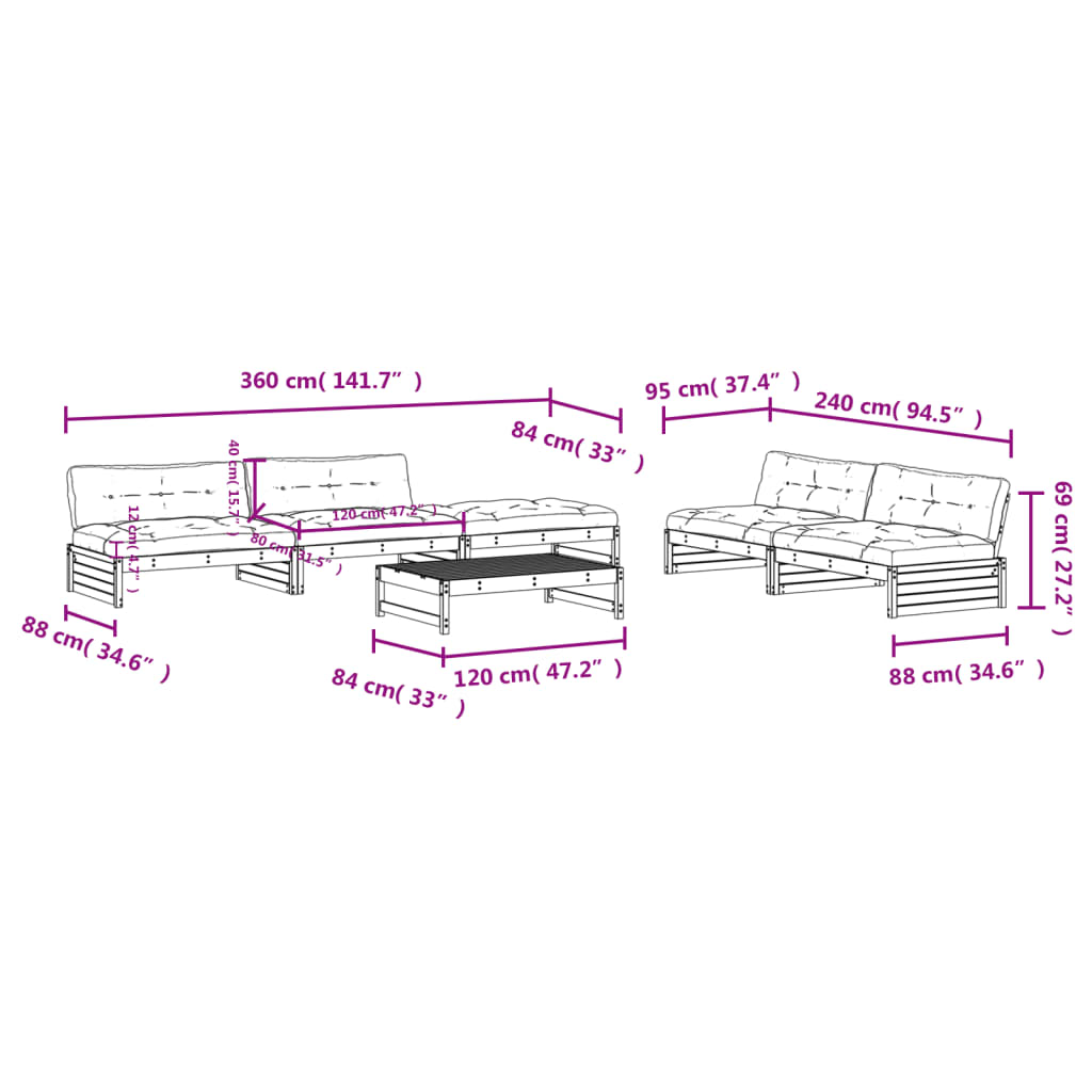 Set Divani da Giardino 6pz con Cuscini in Legno Massello Grigio - homemem39