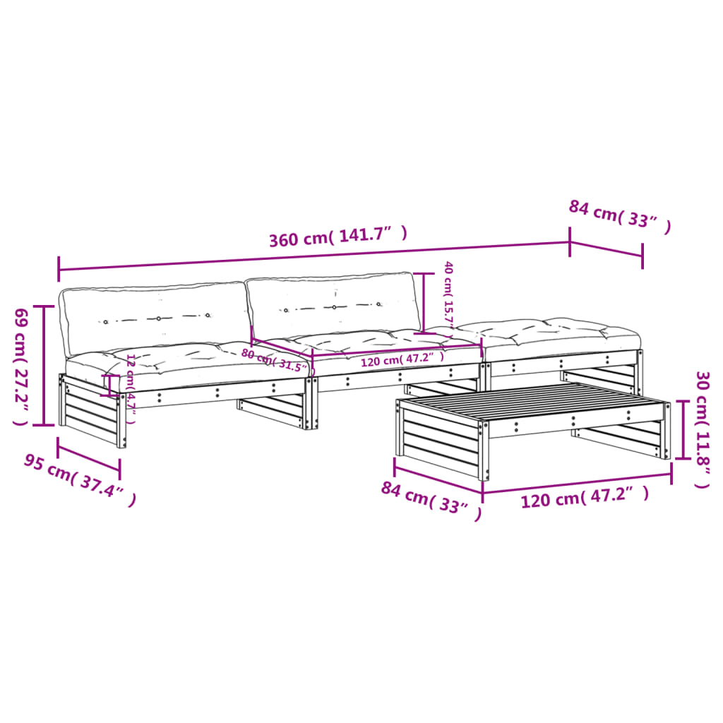 Set Divani da Giardino 4pz con Cuscini in Legno Massello Bianco - homemem39