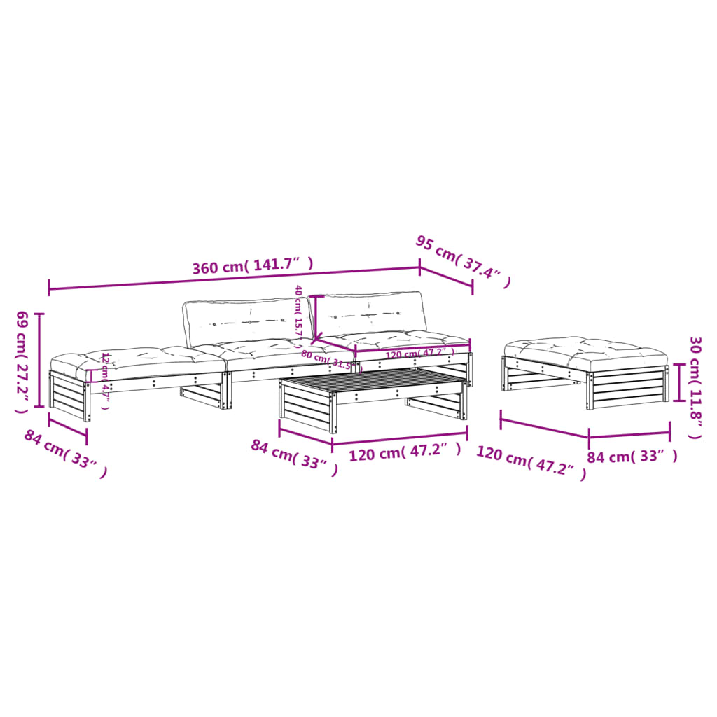 Set Divani da Giardino 5 pz con Cuscini in Legno Massello - homemem39