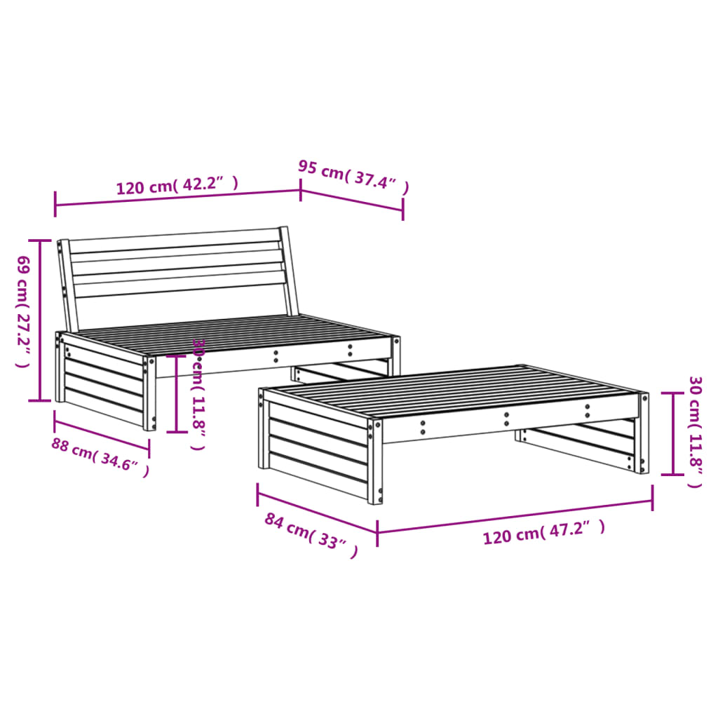 Set Salotto da Giardino 2 pz Grigio in Legno Massello di Pino - homemem39